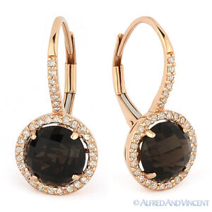 3.75 ct Smoky Topaz Round Cut Diamond Leverback Dangling 14k Rose Gold Earrings