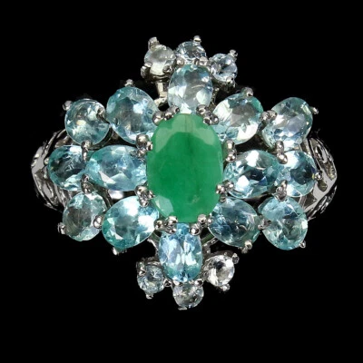 925 Argento Sterling Ovale Smeraldo 7x5mm Acquamarina Zircone Anello 7.5 - Immagine 1 di 4