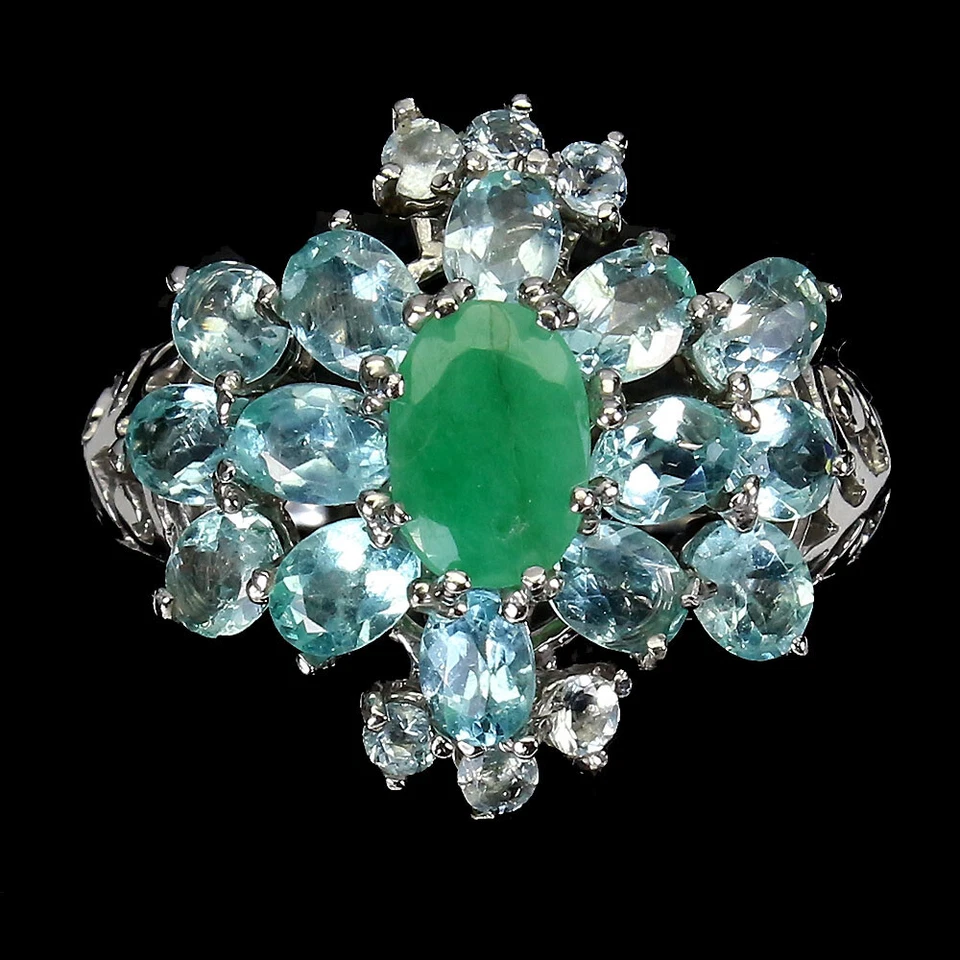 925 Argento Sterling Ovale Smeraldo 7x5mm Acquamarina Zircone Anello 7.5 - Immagine 1 di 4