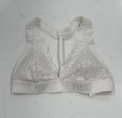 Victoria’s Secret 女式粉色花边赛车三角文胸中号-白色 — 第 1/3 张图片