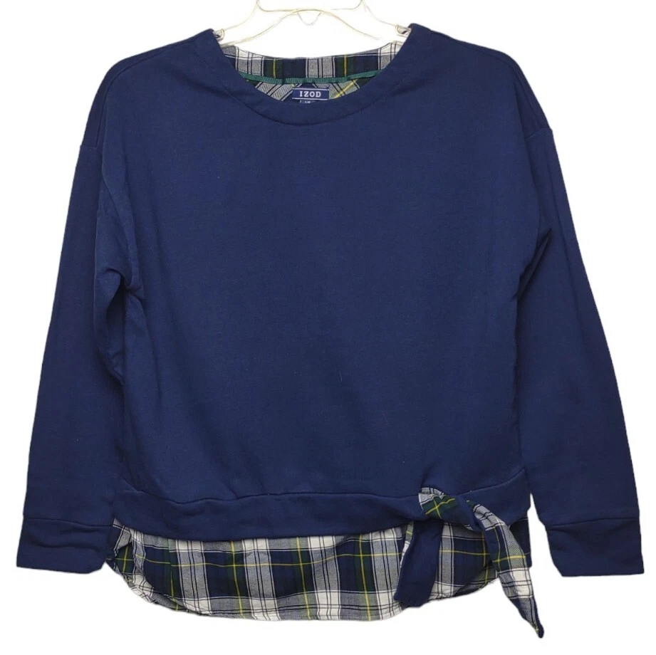 IZOD Tie Front 2-Fer Sweatshirt Large Plaid Hem Blue Green Sweater Top - Image 1 of 4