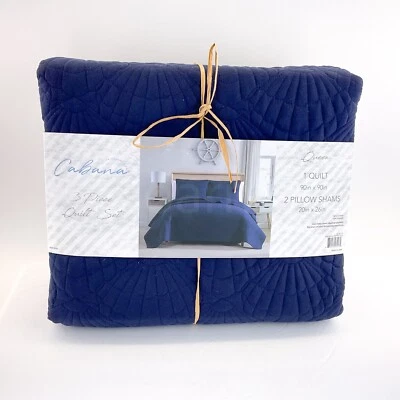 Cabana 3pc Quilt Set  Full / Queen Quilt 90in x 90in Home Collection Navy New - Image 1 of 4