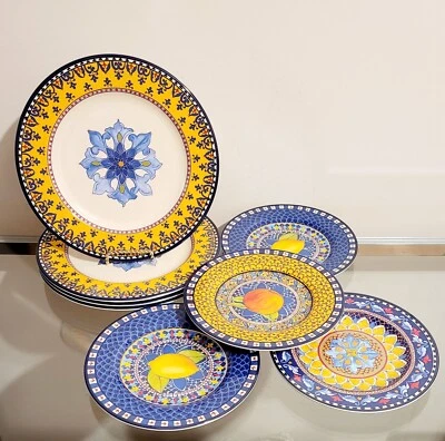 Williams Sonoma Sicily Melamine Dinner Plates & Salad Plates Yellow & Blue 8pc. - Image 1 of 4