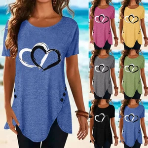Womens Plus Size Summer Tunic Tops Short Sleeve T-shirt Ladies Button Blouse Tee - Picture 1 of 18