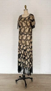 Vintage Antique 1920s 1930s Black Lace Gold Lamé Rose Evening Gown S/M - Picture 1 of 14