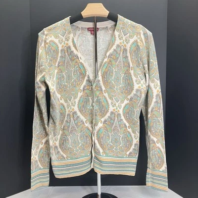 Merona Womens White & Green Paisley Long Slv V Neck Cardigan Sweater Size M - Image 1 of 4