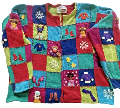 Suéter de Navidad de Colección Marisa Christina 1X Tejido 3D Muñecas Mitones Copos de Nieve Y2K Foto 1 de 4