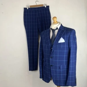 Moss London 3 Teiler Anzug Herren 44 L Dunkelblau Kariert 34 W 32 L Hose Slim Fit - Bild 1 von 24