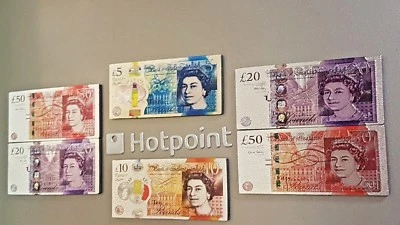 UK NOTES MONEY BRITISH CURRENCY METALLIC FRIDGE MAGNETS 3D DESIGN £5 £10 £20 £50