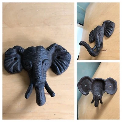 Lucky Elephant Head Hanger Hook Heavy Metal Cast Iron Trunk Up Wall Towel Coat  - Image 1 of 4