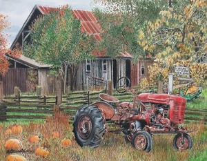 Pumpkins, Farm, Tractor, Barn, Autumn, Fall, Original Art Colored Pencil Drawing - Picture 1 of 5