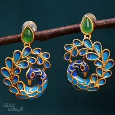 Pendientes colgantes vintage de pavo real con diamantes de imitación en tono dorado joyería Foto 1 de 4