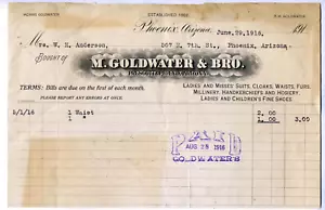 BILLHEAD - PHOENIX ARIZONA - 1916 - M. GOLDWATER & BRO. - Imagen 1 de 1