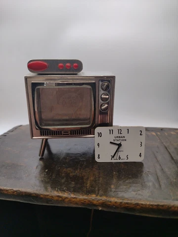 Vintage Miniature Urban Station Metal Tv Clock Untested  Retro Mid Century Cover