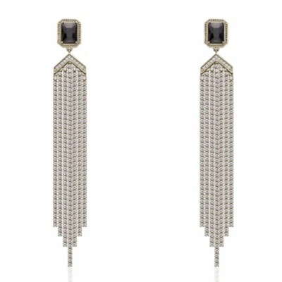 Brincos de prata brilhante cristal preto cintilante CZ corrente borla Deco cachoeira - Imagem 1 de 4