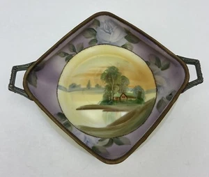 Antiguo plato cuadrado de baratija de caramelo Nippon Morimura de 7,75" con asas pintado a mano - Imagen 1 de 11