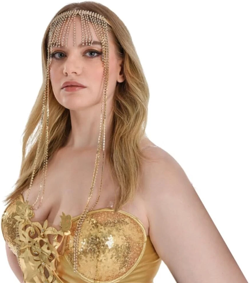 Gold Rhinestone Fringe Headband Fancy Dress Up Halloween Adult Costume Accessory - Image 1 of 1