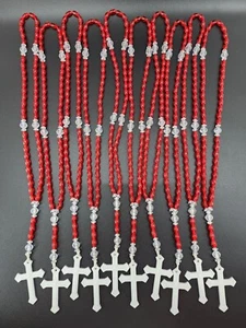 Catholic Prayer Bead Rosary Red Plastic Beads w/ White Cross 10pk - Picture 1 of 3
