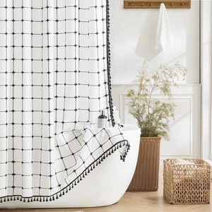Boho Farmhouse Shower Curtain, Linen Rustic Heavy Duty Fabric Shower Curtain ... - Picture 1 of 7