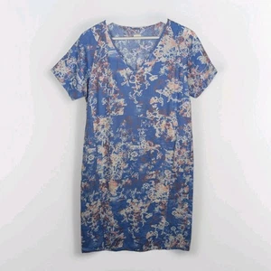 Poetry Cornflower Blue Patterned Dress Linen Vneck Short Sleeve UK 10 - Picture 1 of 14