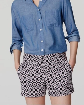 Ann Taylor LOFT Cotton Spandex Size 2 Pink Black White Geometric Shorts - Image 1 of 4