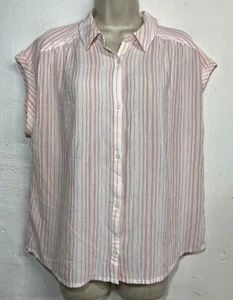 NWT Lucky Brand Medium Button Up Shirt White Pink Stripe Short Cap Sleeve Collar - Picture 1 of 6