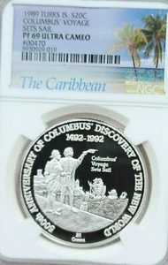 1989 TURKS & CAICOS SILVER 20 CROWNS VOYAGE SETS SAIL NGC PF 69 ULTRA CAMEO TOP - Picture 1 of 4