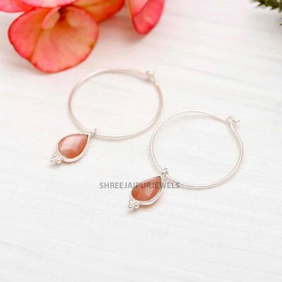 Серьги с лунным камнем серебро 925 минималистский красный камень серьги подарок для женщин - Изображение 1 из 4