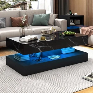 Modern Marble Style Design LED Coffee Table With 20 LED Color Lights and 2 Tier - Picture 1 of 20