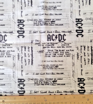 ACDC Lyrics Cotton Fabric 2020 | White and Black Cotton Fabric 27 inches  - Image 1 of 3