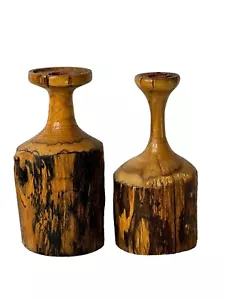 SET OF 2 RUSTIC PRIMITIVE Hand Turned Live Edge Solid Wood Candle Holders - Picture 1 of 8