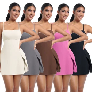 Womens Spaghetti Strap Tennis Dress Bulit in Shorts Workout Sexy Slit Golf Dress - Picture 1 of 85
