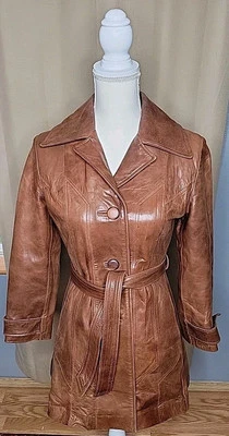 Chaqueta de cuero marrón flexible vintage años 70 Skin Gear para mujer, extra pequeña Foto 1 de 4