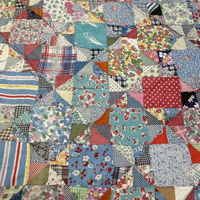 Vtg 30's 40's Hexagonal Tumbling Quilt Top All Hand Stitched Feed-sack 68x84 - Image 1 of 4