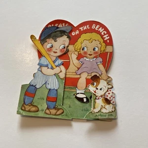 Vintage 1930’s Valentines Day Card BASEBALL PUN Boy Girl Dog Big Eyes - Picture 1 of 10