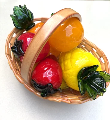 Art Glass Hand Blown Fruit/Vegetable 6 pc Set & Italian Weave Ceramic Vtg Basket - Image 1 of 4