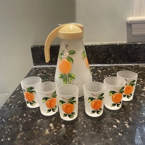 Vintage Hazel Atlas Frosted Glass Pitcher And 6 Glasses 1950’s Mint Condition - Picture 1 of 10