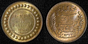 TUNISIA Muhammad IV Bronze AH1322 1904 A 5 Centimes aUNC/UNC   KM# 228 (28 225) - Picture 1 of 3