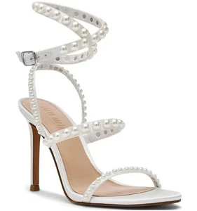 Steve Madden Sandalen mit Absatz 7 weiß Satin Teena Perlen Braut Hochzeit neu 140 $ - Bild 1 von 14