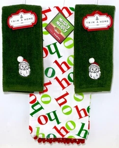 CHRISTMAS Towel SET of 3 “Ho, Ho” Kitchen Hand & 2 Santa Bathroom Fingertip NEW - Picture 1 of 5