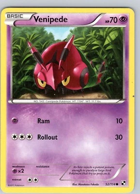 Pokemon TCG Venipede Black & White 52/114 Regular Common Card Played LP - Image 1 of 2
