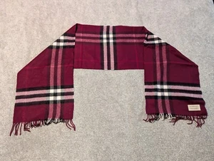 Burberry Cashmere Scarf 12x63 Burgundy Pink Magenta Black Check Fringe Tassels - Picture 1 of 8