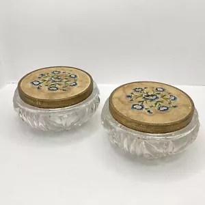 Vintage Glass Trinket Dishes / Jars with Floral Embroidered Lids (C2) NS#8611 - Picture 1 of 6