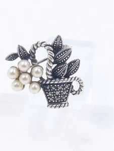 Marcasite Pearl Genuine 925 Sterling Silver Flower Pot Brooch Pin U074 - Picture 1 of 7
