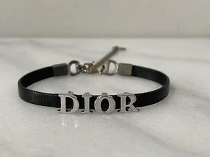 Christian Dior by John Galliano Black Leather Silver Logo Bracelet Vintage - Picture 1 of 6