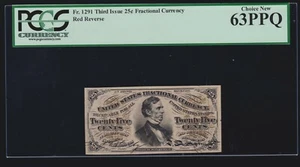 US 25c Fractional Currency Note 3rd Issue Red Back FR 1291 PCGS 63 PPQ (020) - Picture 1 of 2