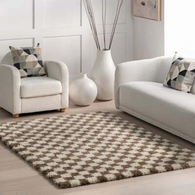 Checkered Shaggy rug area rug wool Rug beige rug for bedroom living room - Image 1 of 4