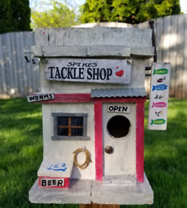 Hand Made Rustic Wood Bird House "Tackle Shop"   10 1/2” Tall.