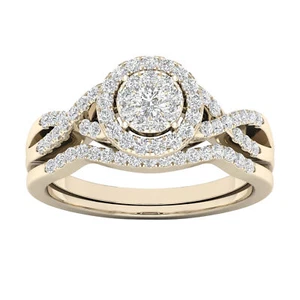 10k Yellow Gold 0.40 Ct Round Diamond Halo Engagement Ring Size 7 Bridal Set - Picture 1 of 3