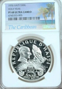 1976 HAITI SILVER 50 GOURDES HOLY YEAR NGC PF 68 ULTRA CAMEO BEAUTIFUL TOP POP - Picture 1 of 4